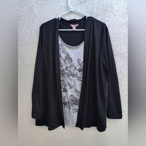 Black Open Cardigan with Gray Patterned Top One Piece Casual Party Office